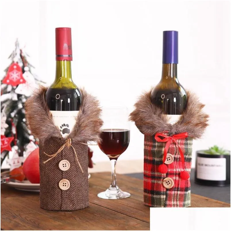 christmas decorations wine bottle cover set santa claus striped lattice gift bag year party table decoration