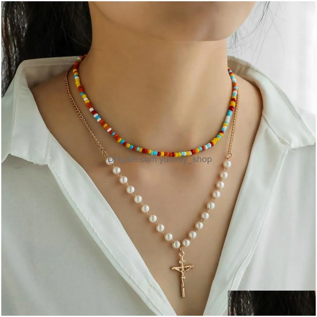 fashion jewelry double layer chain faux pearls colorful beads necklace cross pendant necklace