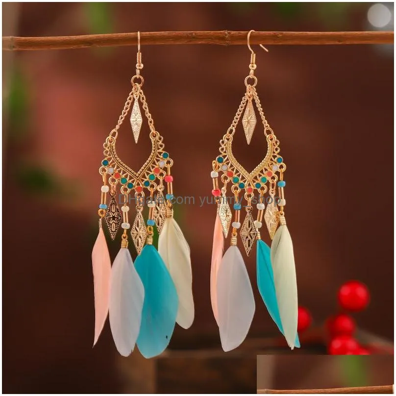bohemian fashion jewelry for women dangle ornaments earrings handmade beaded colorful feather earrings