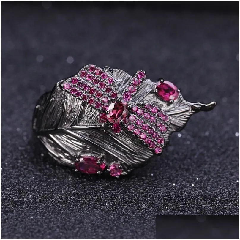 cluster rings gems ballet 0.88ct natural rhodolite garnet ring fine jewelry 925 sterling silver handmade leaf for women bijoux