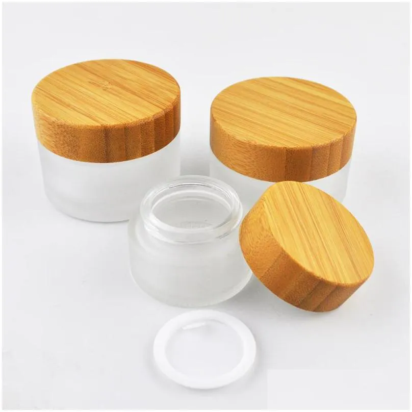 105pcs 50g carving frosted glass cream jar ecofriendly wooden lid bamboo cap cosmetic packaging container skincare mask storage bottles 