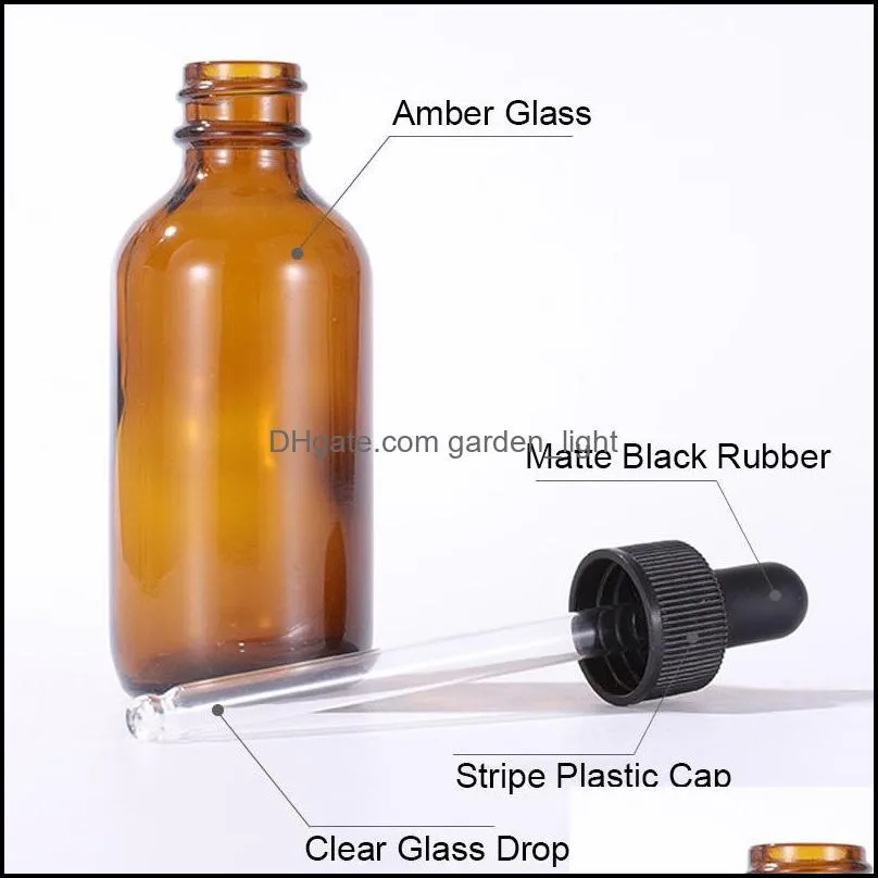 60ml 2oz amber glass  oil perfume bottles liquid reagent pipette eye dropper bottle with stripe plastic cap matte black rubber