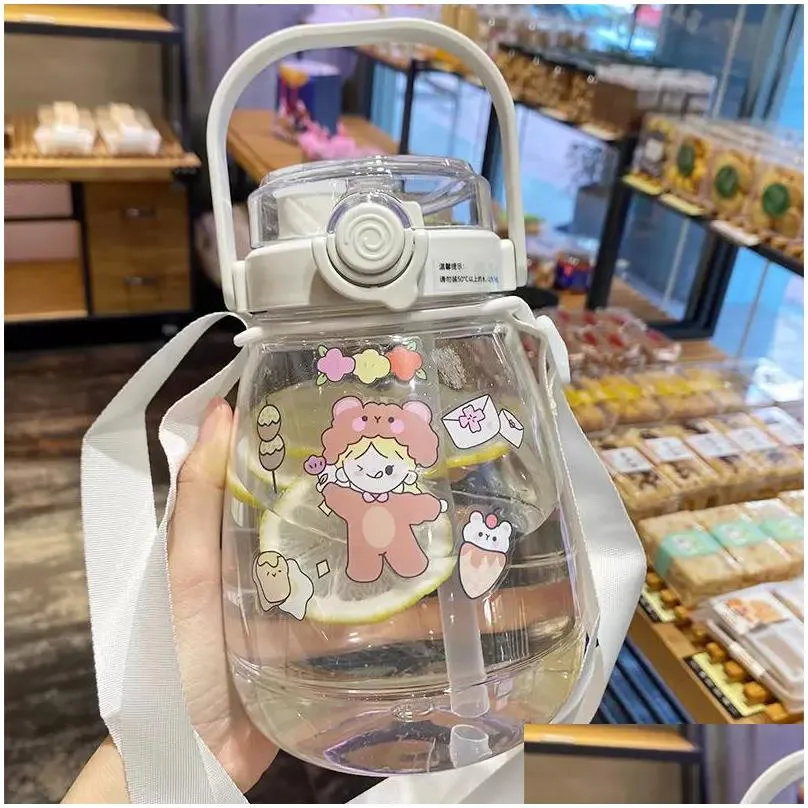 cute girls water bottle with stickers straw big belly cup 1300ml sports for jug children female kettle strap