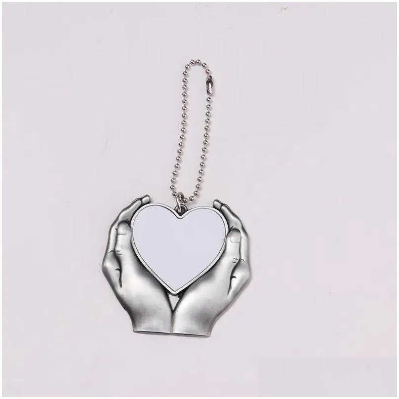 sublimation metal blanks ornaments pendants hand holding heart car decoration silver grey party supplies hang gifts