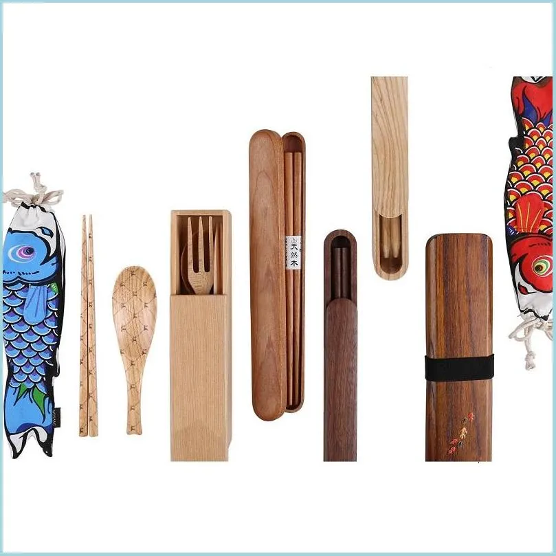 japanese wooden cutlery set healthy wooden dinnerware gift set portable travel wooden chopsticks spoon fork box flatware sets