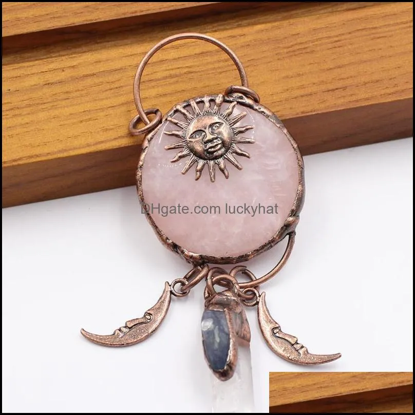 charms 1 pcs 4 inch gunmetal bronze plated rose quartz sun moon clear kyanite pendant for necklace jewelry diycharms