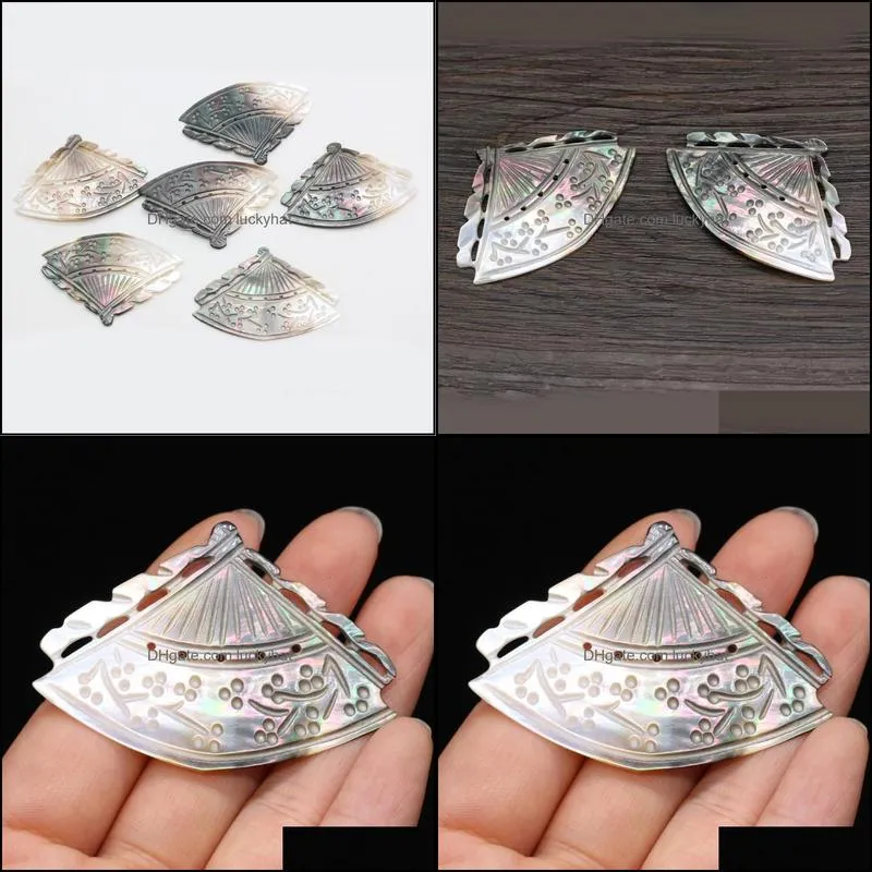 charms natural freshwater shell pendant black carved hollow fan diy hairpin necklace jewelry accessory 40x55mmcharms