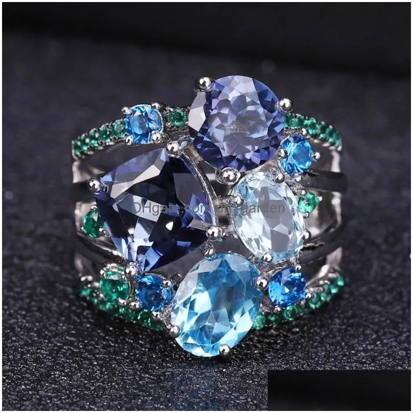 cluster rings gems ballet natural mystic quartz topaz gemstone ring 925 sterling silver statement for women wedding bijoux