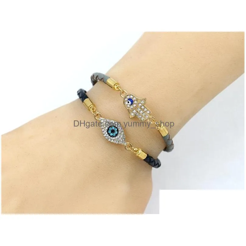 fashion jewelry rhinestone evil eye palm woven leather rope bracelet lovers blue eyes bracelets leather ornaments