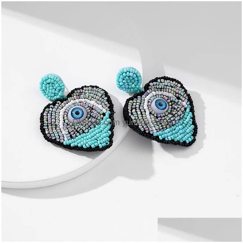 fashion jewelry dangle peach heart evil eye earrings hand woven rice beads blue eyes stud earrings