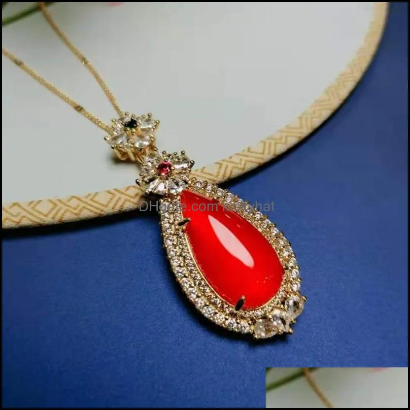 pendant necklaces gao bing china carnelian925silver inlaid water drop petal jade necklace clavicle chainpendant