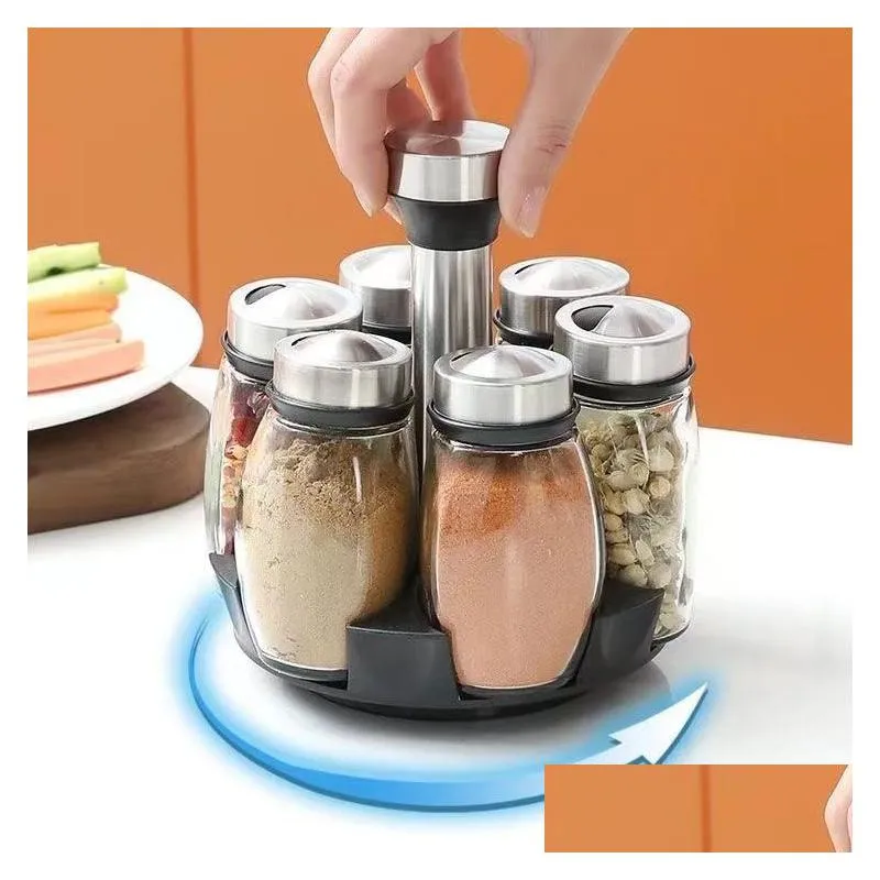 other dinnerware rotating spice jars rack stainless steel glass seasoning condiment cans set pepper salt shaker cruet tool organizer