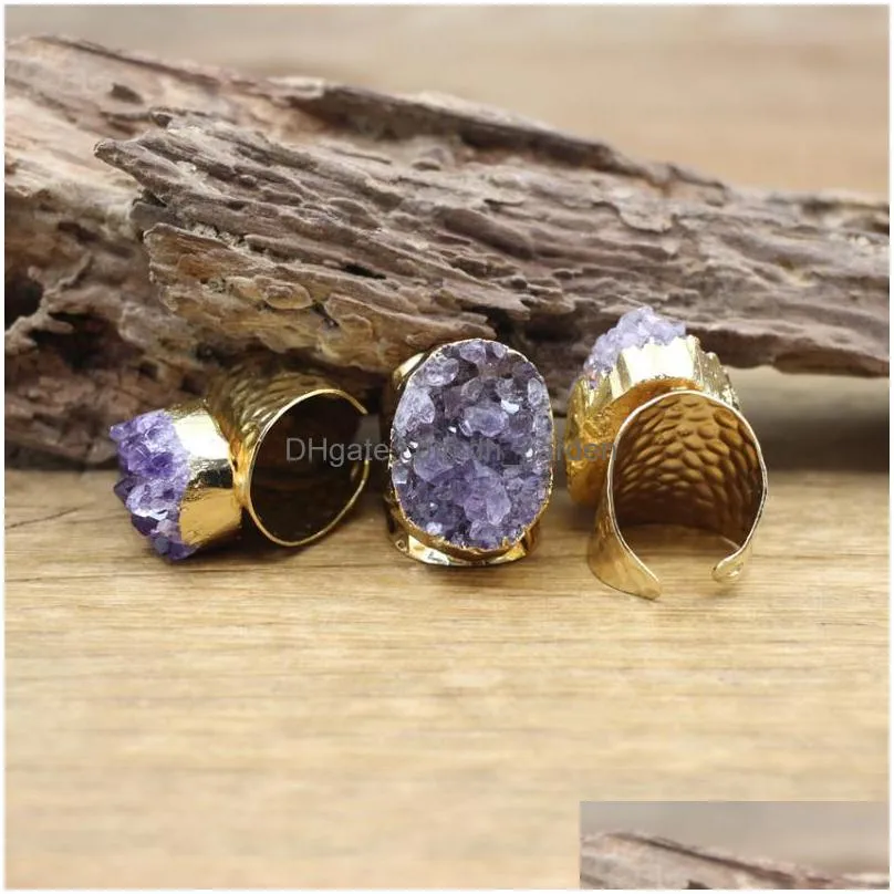 cluster rings irregular amethysts geode golden purple quartz ore druzy drusy adjustable ring fashion men/women jewelry dropship qc4091