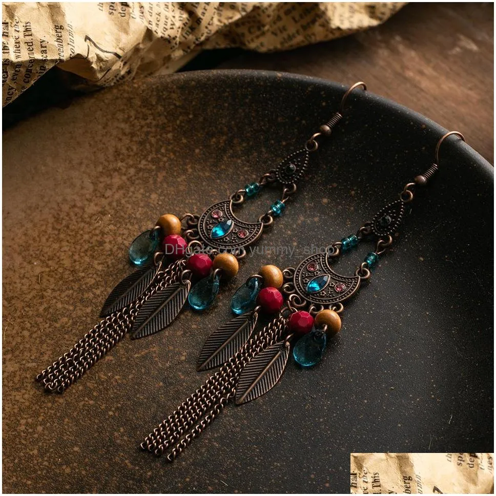 bohemian fashion jewelry retro long chain tassels earrings leaf beads dangle earrings