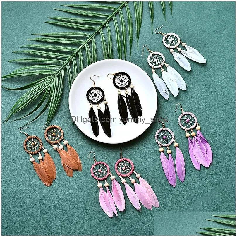 bohemian fashion jewelry vintage dreamcatcher earrings wood beads handmade feather tassel dangle earrings