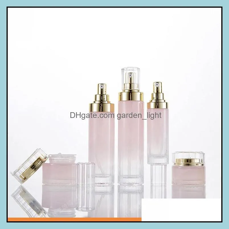 gradient pink glass cosmetic cream jars lotion pump bottles with gold lids 30g 50g 40ml 100ml 120ml