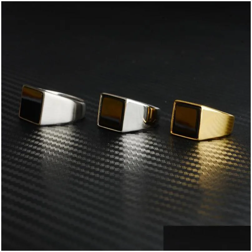 cluster rings mens rock punk smooth 316l stainless steel big black stone gold silver color hip hop for men party jewelry wholesale