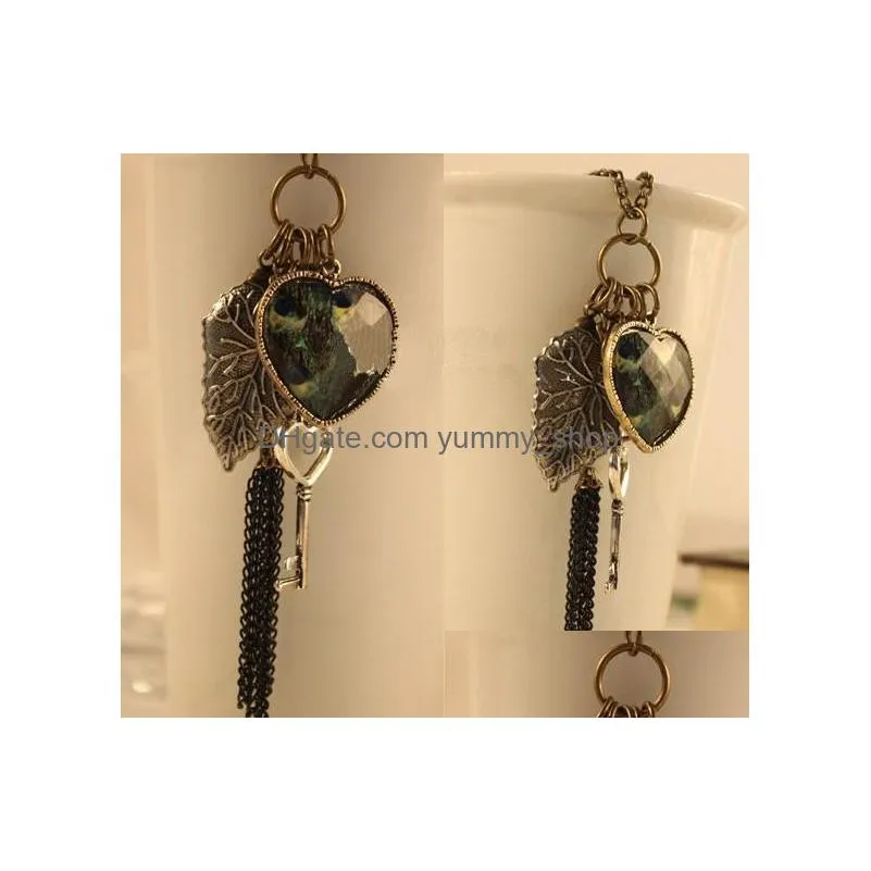 fashion jewelry womens leaf peacock heart key tassels pendant charms long chain necklace
