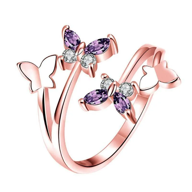 cluster rings fashion butterfly amethyst purple crystal zircon diamonds gemstones for women rose gold color jewelry bijoux accessories