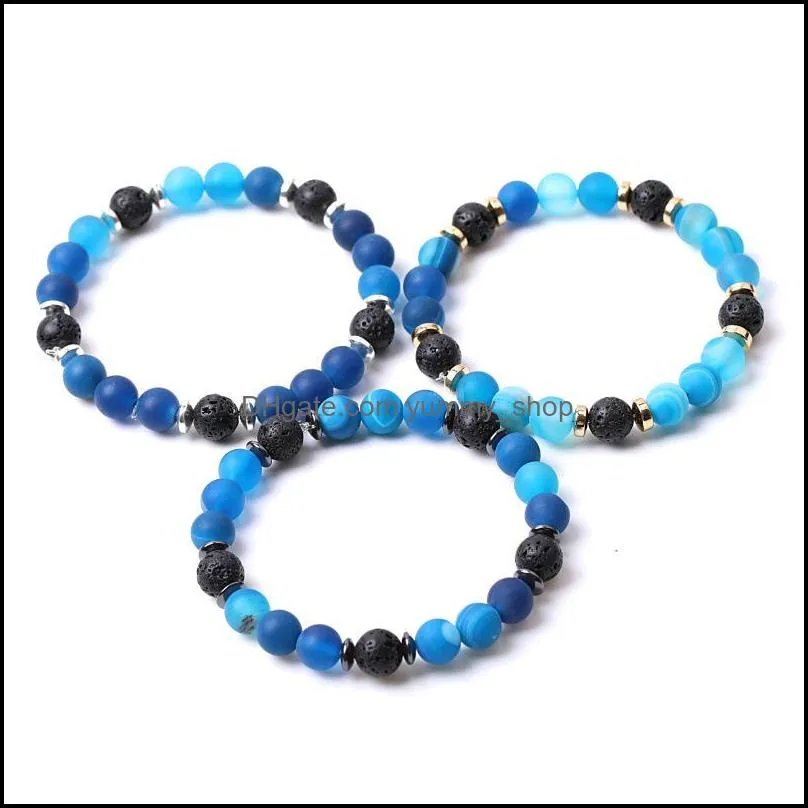 8mm matte blue stripe agate stone beads hematite lava stone strand bracelets for women men yoga buddha energy jewelr yummyshop
