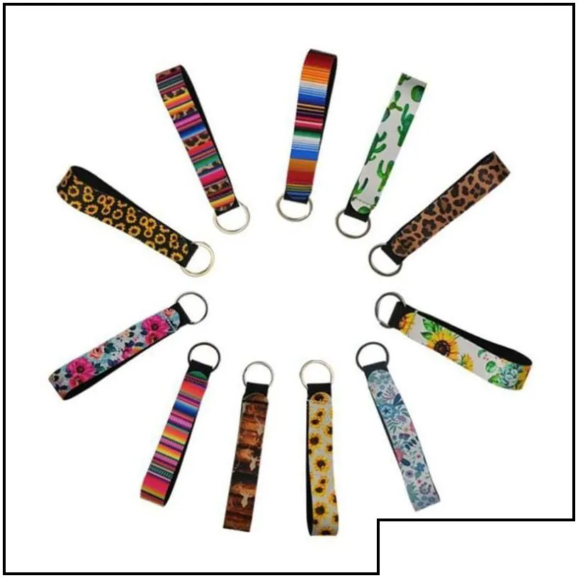 party favor sbr leopard keychains floral printed key chain neoprene ring wristlet keychain 26 colors