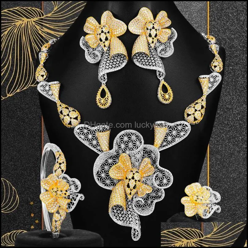 earrings necklace godki fashion hollow flowers 4pcs nigerian jewelry set for women wedding party zircon cz african bridal 2021