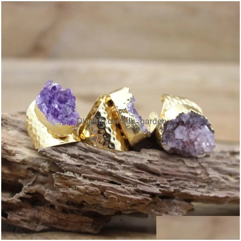 cluster rings irregular amethysts geode golden purple quartz ore druzy drusy adjustable ring fashion men/women jewelry dropship qc4091