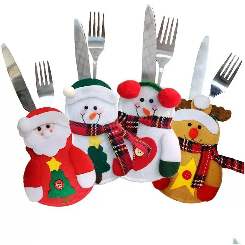 favor christmas decorations santa claus knifes forks bag silverware holders pockets pouch snowman elk xmas party tableware