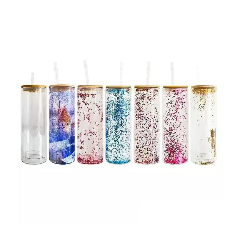 usa warehouse 20oz straight predrilled tumblers snow globe glitter double wall straight glass tumbler for sublimation printing