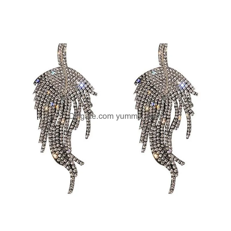 fashion jewelry s925 silver post leaf shape earrings exaggerated women full diamond tassels dinner stud earrings