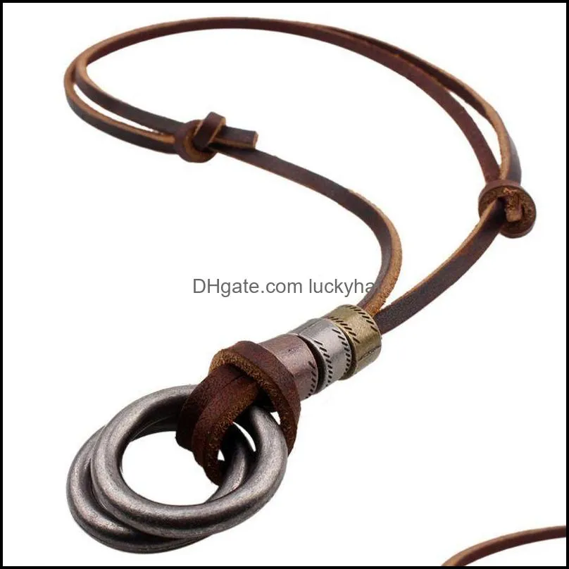 pendant necklaces vintage brown genuine leather double ring eyeglass necklace adjustablependant