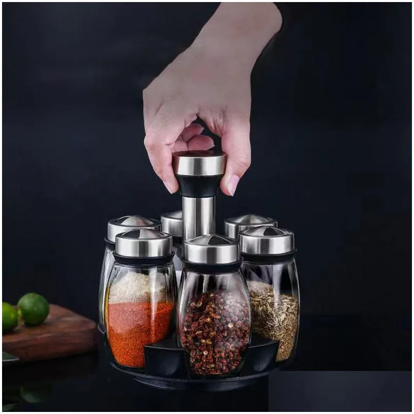 other dinnerware rotating spice jars rack stainless steel glass seasoning condiment cans set pepper salt shaker cruet tool organizer