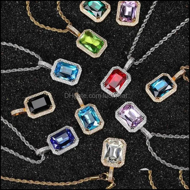 pendant necklaces 18k gold filled zircon necklace emerald square black gemstone red pink stone birthstone gift for him/herpendant