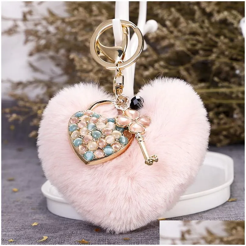 plush heart key rings for women faux fur love bag pendant keychain cats eye pendant keyring