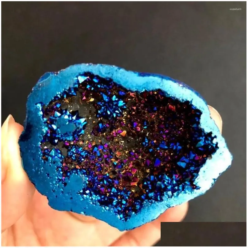 decorative figurines 1pcs blue angel aura quartz crystal geode titanium bismuth silicon cluster rainbow reiki healing