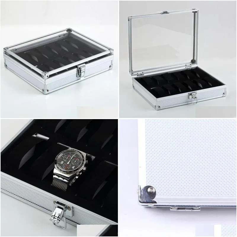fashion metal case with 12 grid slots display for wristwatch organizer watch jewelry box wj11 storage boxes bins