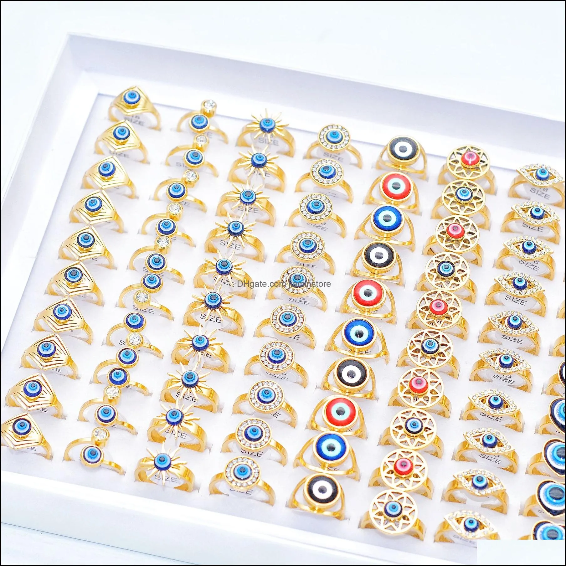 bulk wholesale 30pcs top assorted evil eye rings gold plated stainless steel women men wedding punk rock personality jewelry