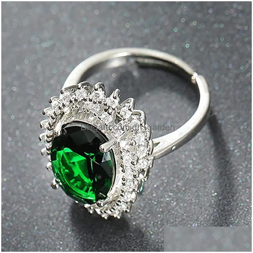 cluster rings vintage oval green crystal emerald gemstones diamonds for women white gold silver color jewelry bague bijoux party gifts