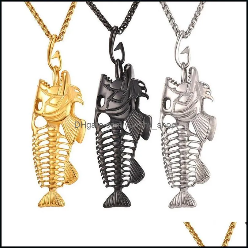 statement necklace fish bone fish skeleton stainless steel necklace pendant chain necklace