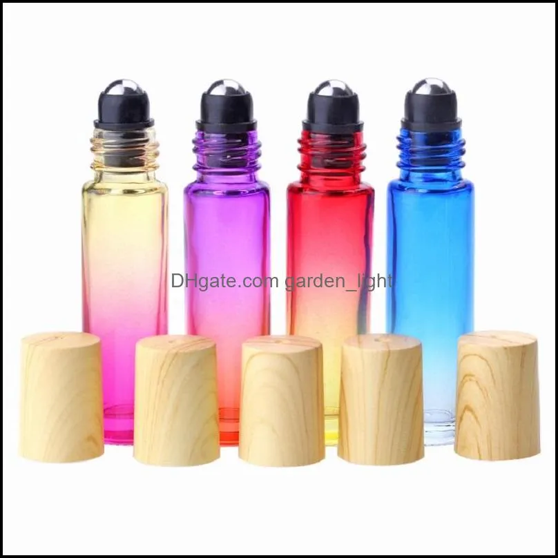 10ml glass roll on bottles  oil perfume bottle gradient color roller bottles with wood grain cap stainless steel balls rollon