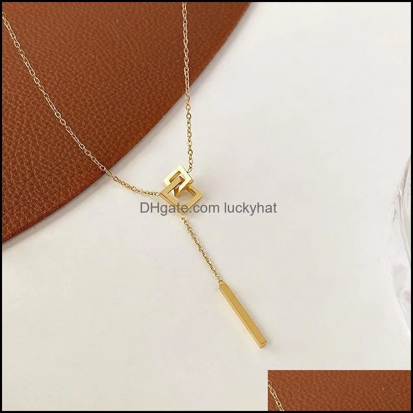 pendant necklaces trendy stainless steel gold silver rose necklace for women charm square interlocking long clavicle chainpendant