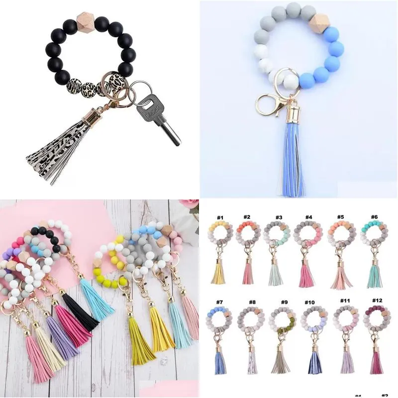 valentines day party favor silicone beaded bangle keychain with tassel for women wristlet key ring bracelet 