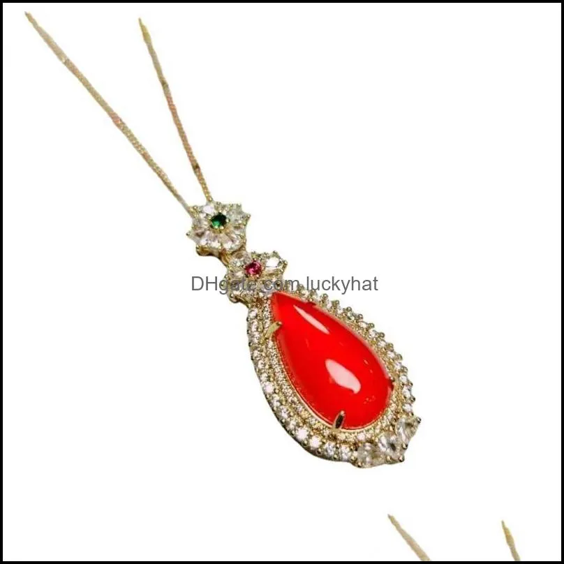 pendant necklaces gao bing china carnelian925silver inlaid water drop petal jade necklace clavicle chainpendant