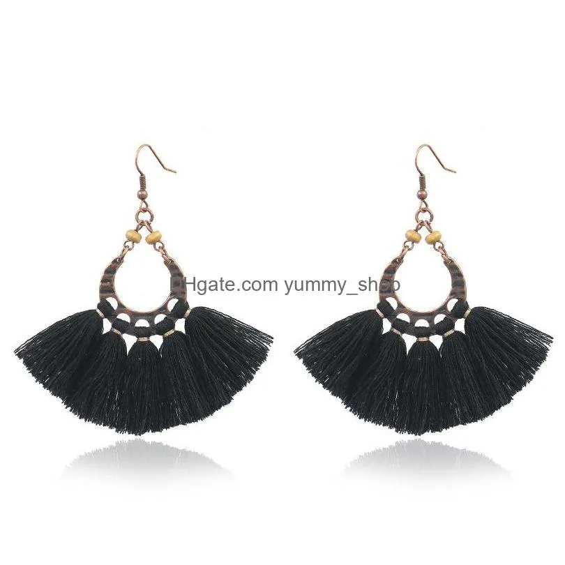 fashion jewelry vintage bohemian hand woven cotton thread tassel geometric hollowed dangle earrings