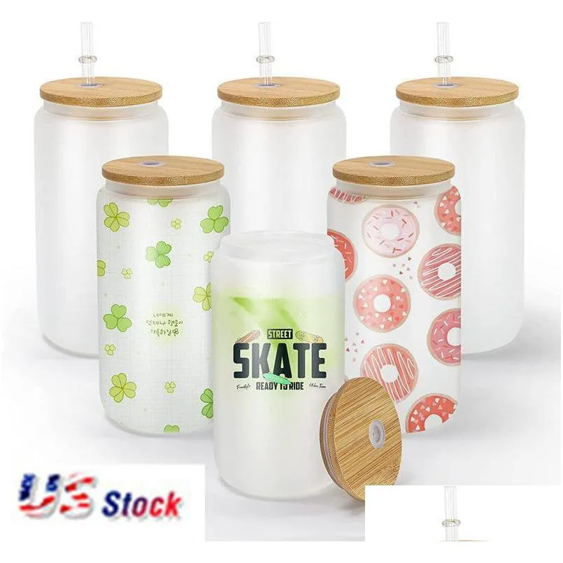 dhs 12oz 16 oz sublimation glass beer mugs with bamboo lid straw tumblers diy blanks frosted clear can cups heat transfer cocktail iced coffee whiskey
