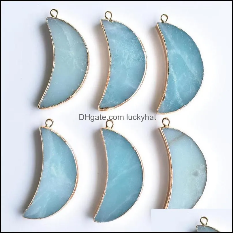 pendant necklaces wholesale 6pcs/lot fashion good quality natural amazonite stone moon shape gold side pendants for jewelry making