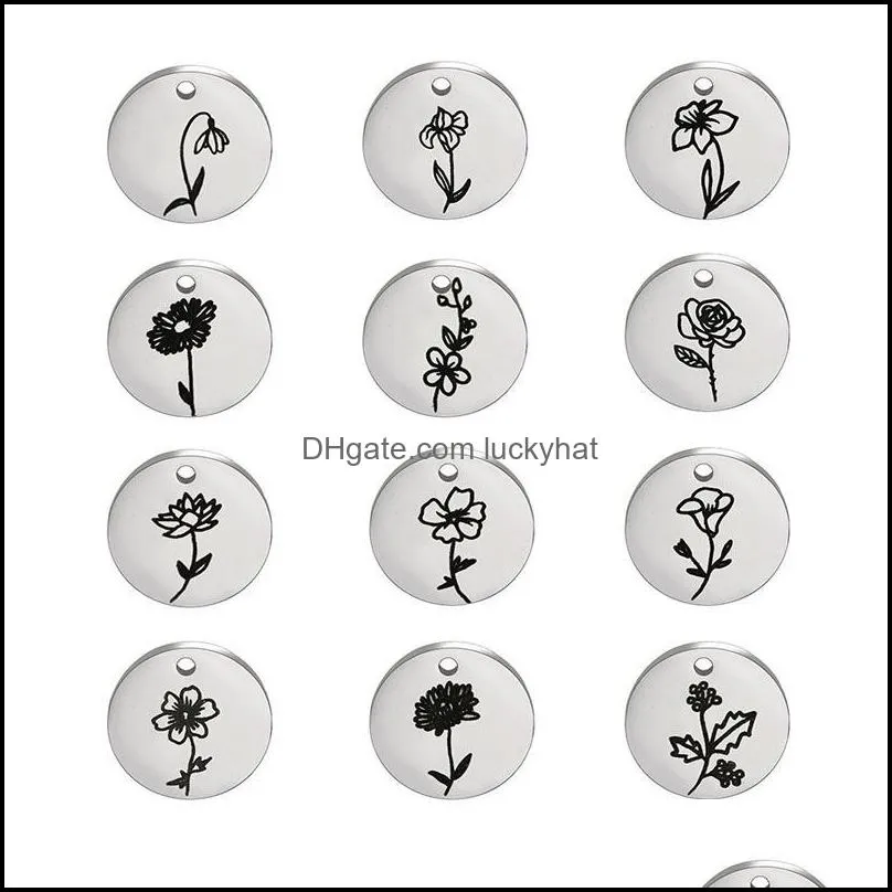 charms 5pcs/lot stainless steel round 12 months flower mirror polish pendant necklace diy jewelry charm accessoriescharms