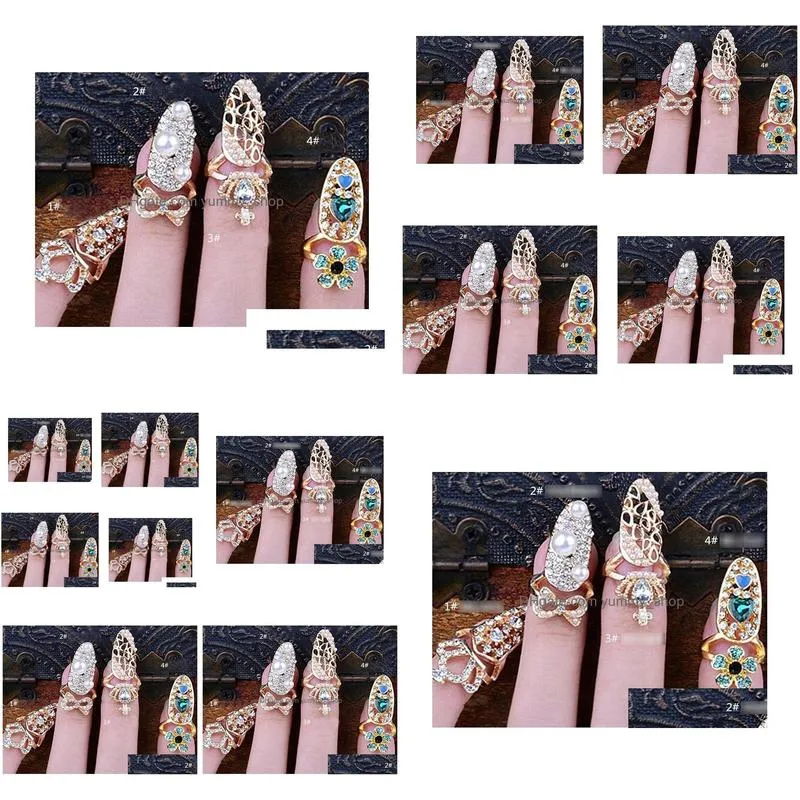 fashion jewelry metal nail ring hollowed bowknot crown flower rhinstone nails beauty rings