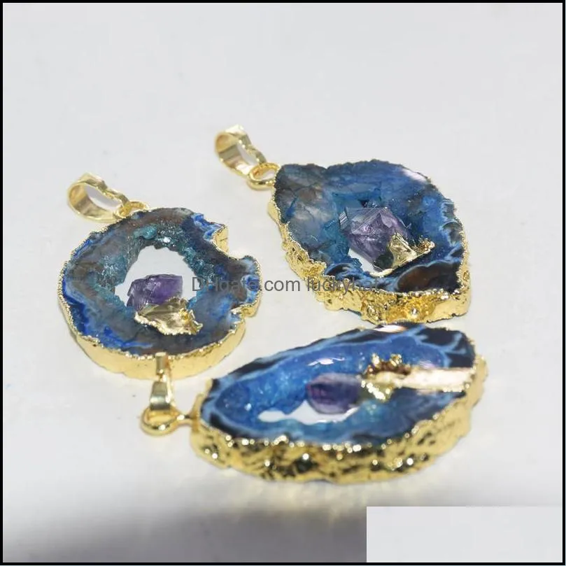pendant necklaces natural slice blue stone pendants for jewelry making women 2022 gold plating druzy amulet big irregular stones point gem