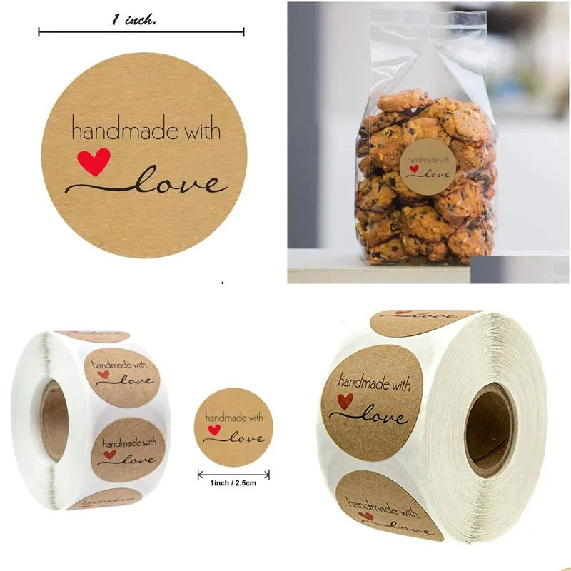 gift wrap 500pcs handmade with love kraft paper sticker round seal label baking wedding decoration party